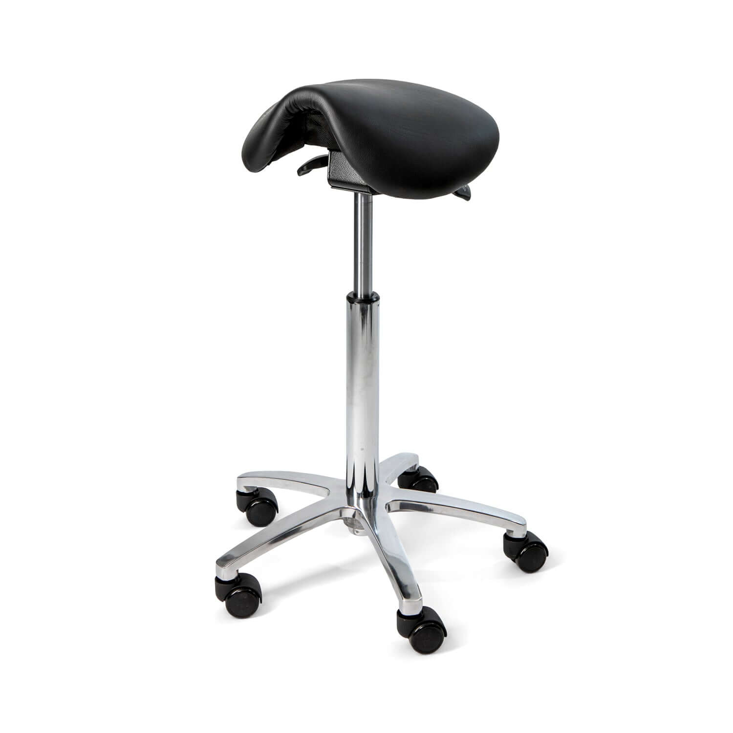 Black leather Matilda saddle chair with ergonomic design on a chrome base and caster wheels.