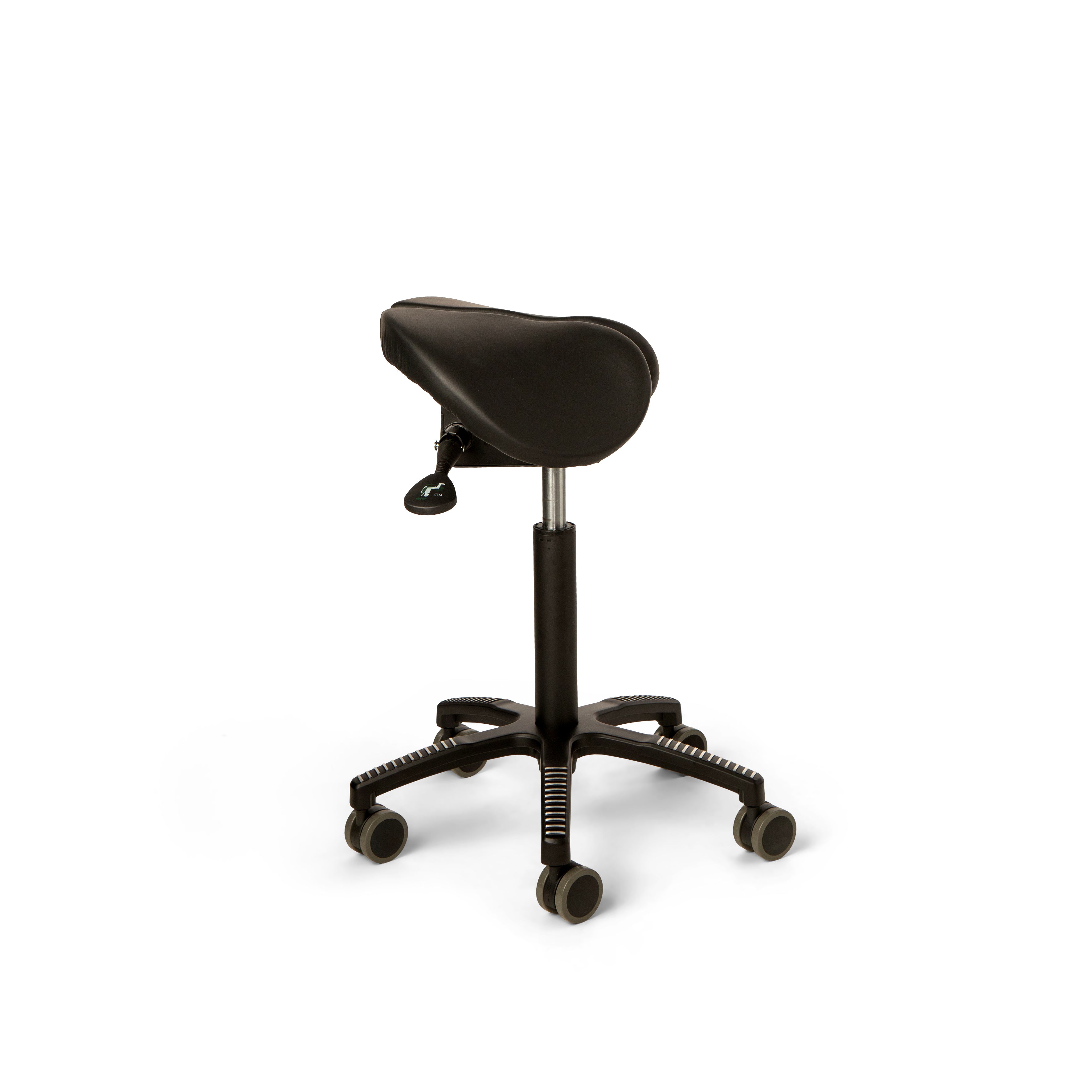 Core Split Tilt saddle chair, black leather upholstery