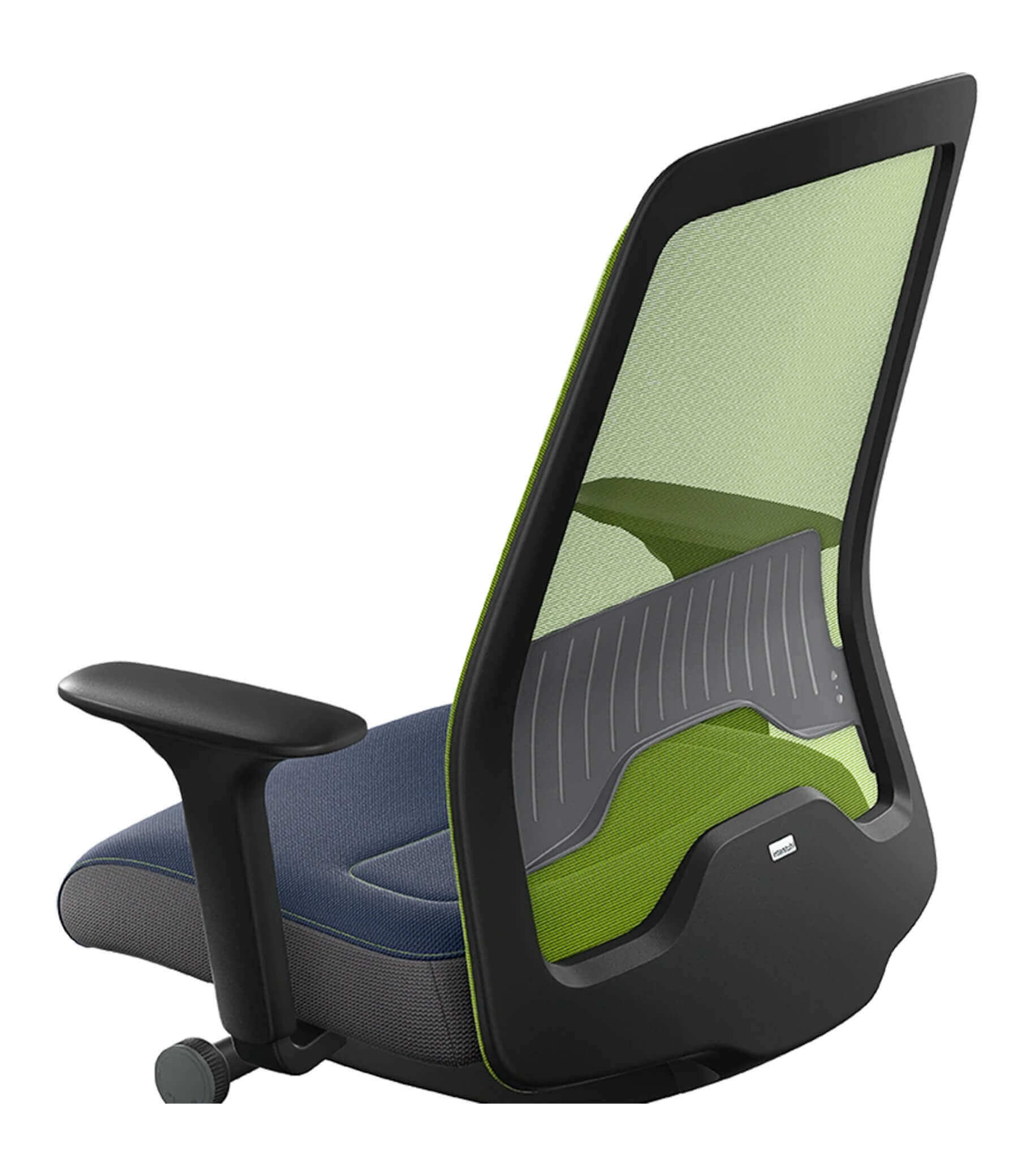 Ergonomic office chair with green mesh back and T-armrests featuring Flextech synchro mechanism for active, comfortable sitting.