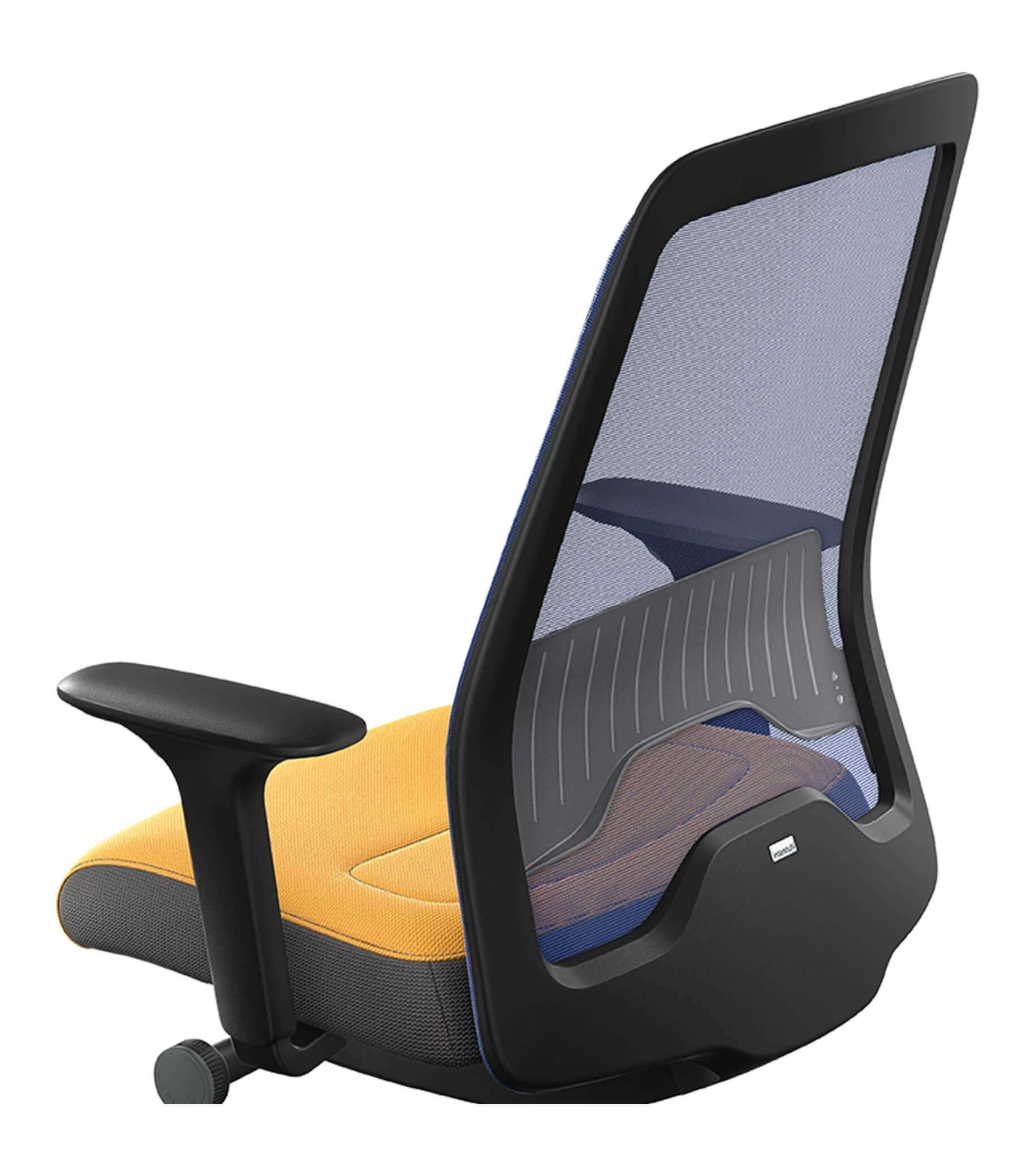 Modern office chair with blue mesh back, yellow seat, and T-armrests featuring Flextech synchro mechanism for ergonomic support.