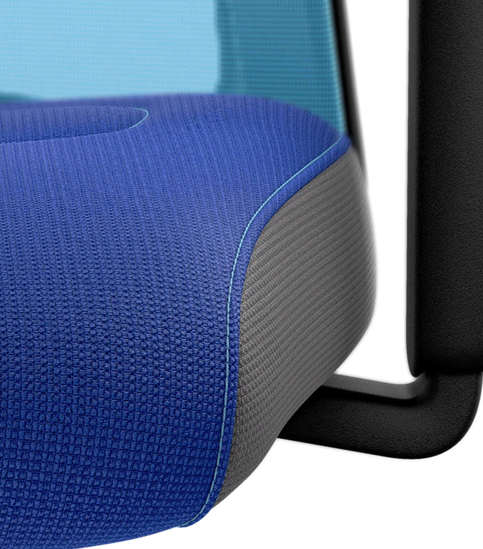 Close-up of EVERY ACTIVE Edition #06 chair seat with blue fabric and black armrest, featuring ergonomic Flextech synchro mechanism.