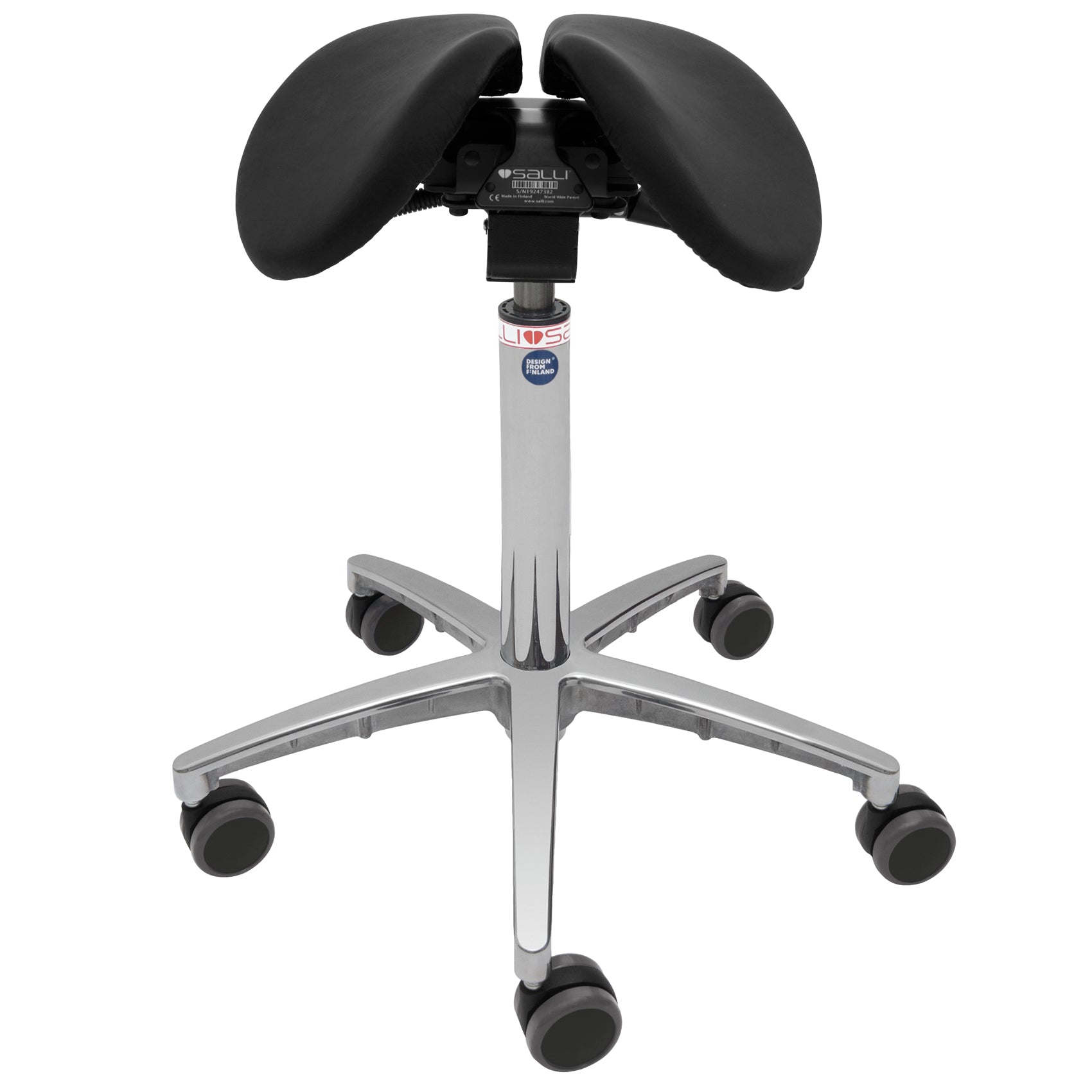 MultiAdjuster satulatuoli, musta nahka, ergonominen ja säädettävä, parantaa istumamukavuutta.