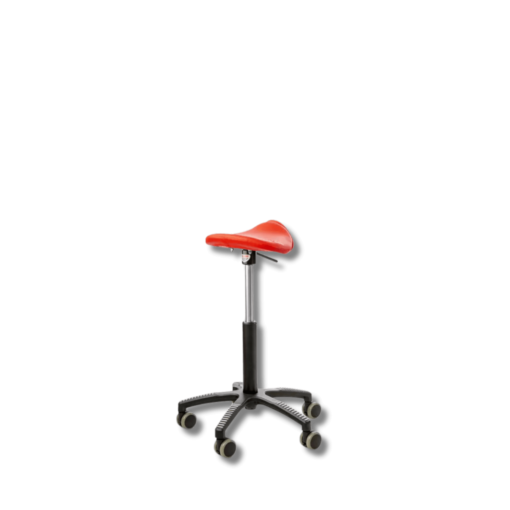Red GetUpSaddle chair with adjustable height and durable faux leather upholstery on a 5-wheel aluminum base, ideal for narrow hips.