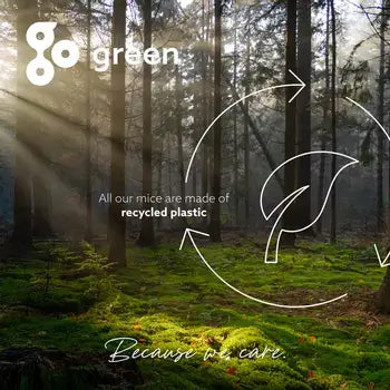 "Go Green campaign for mice made from recycled plastic, forest background"