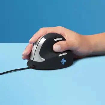 Ergonomic R-Go HiMouse in use on blue surface, promoting healthy and efficient computing with forearm-based movement.
