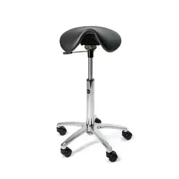 Ergonomic Matilda Swing saddle chair in black leather with adjustable height, ideal for comfortable and luxurious seating experience.