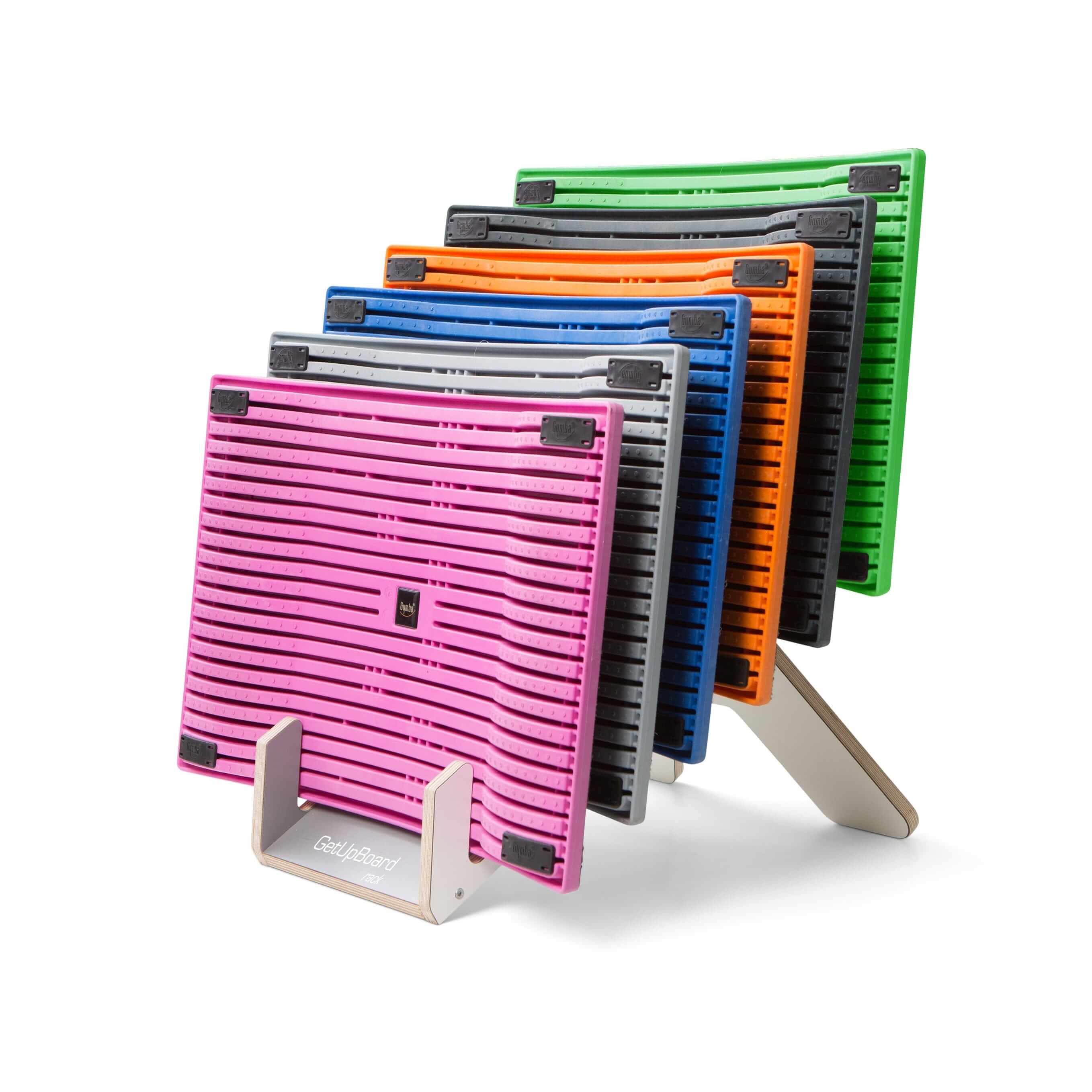 GetUpBoard-rack with 6 colorful Gymba activity boards for efficient storage and easy access in office settings.
