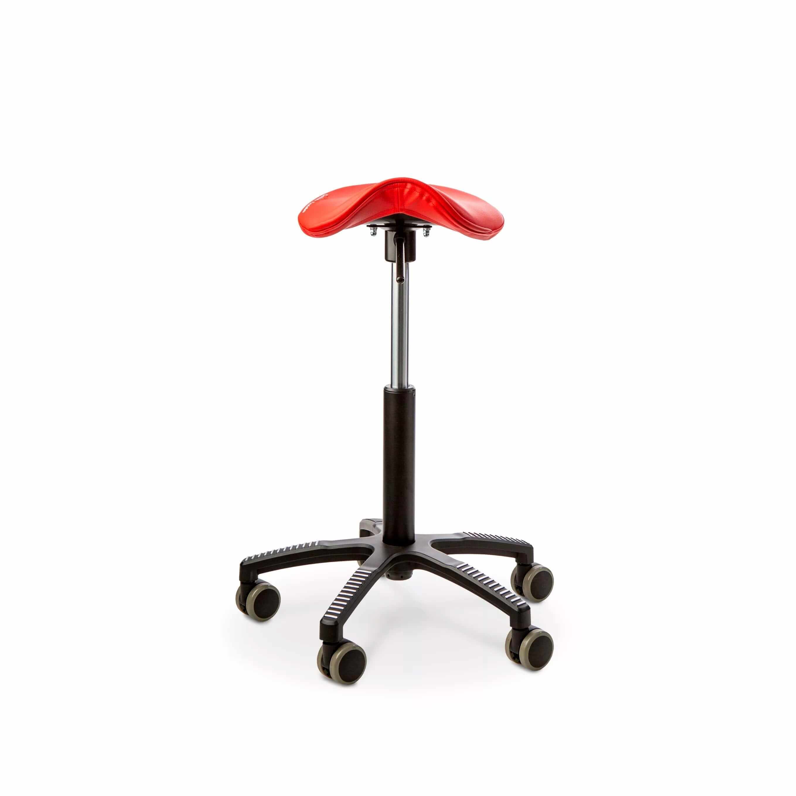 Red GetUpSaddle chair with adjustable height and durable faux leather seat, ideal for narrow hips and easy mobility on wheels.