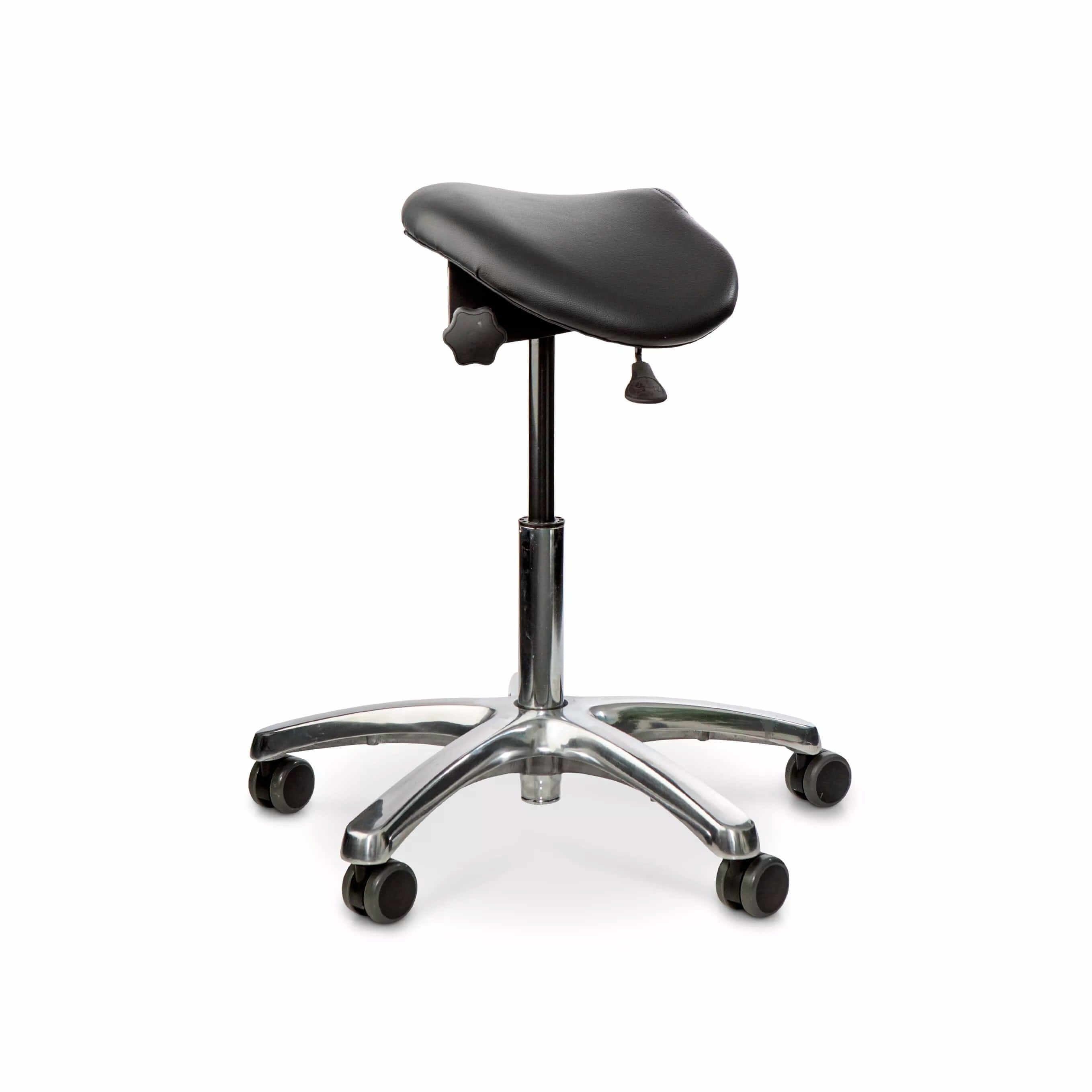 Ergonomic Matti saddle chair in black artificial leather with swing mechanism and polyurethane padding for improved posture.