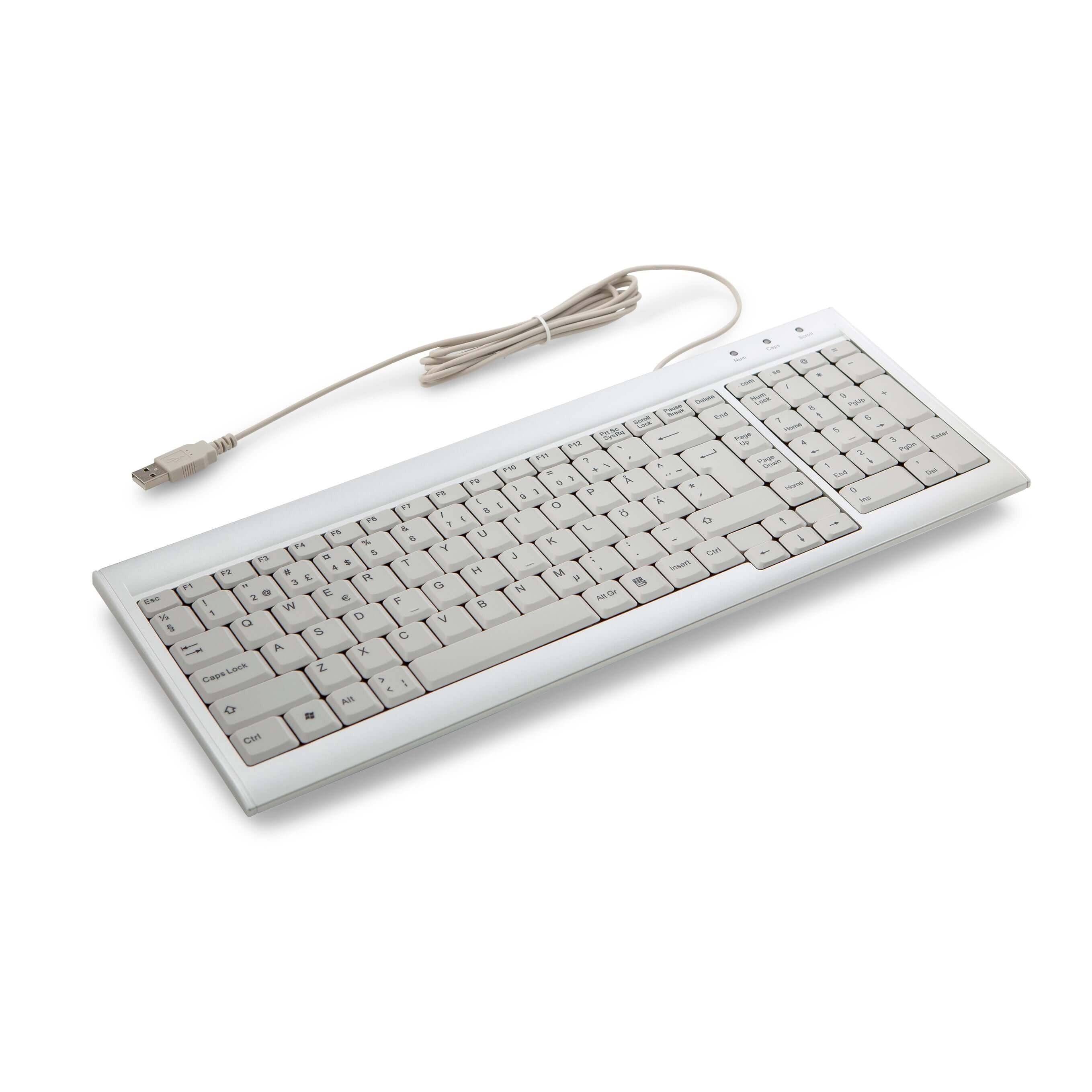 Compact silver keyboard with oversized keys and USB connection for ergonomic typing, ideal for professionals and home users.