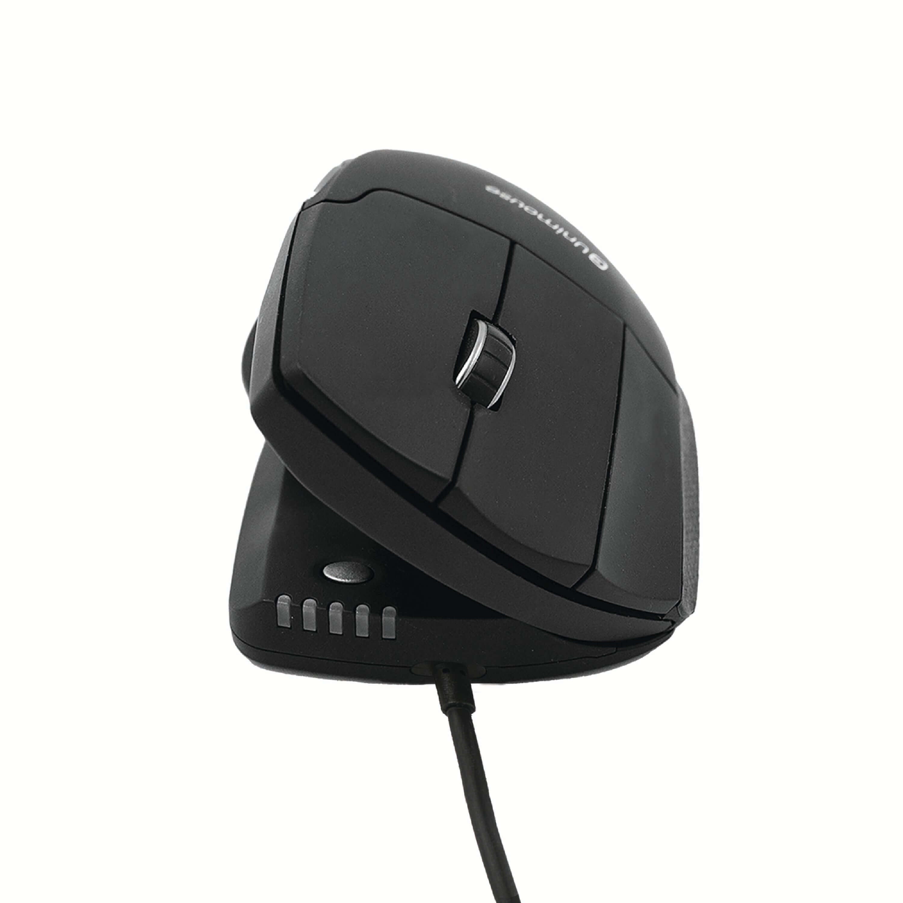 Ergonomic Unimouse left-handed wired mouse with adjustable hinge and six programmable buttons for customizable comfort.