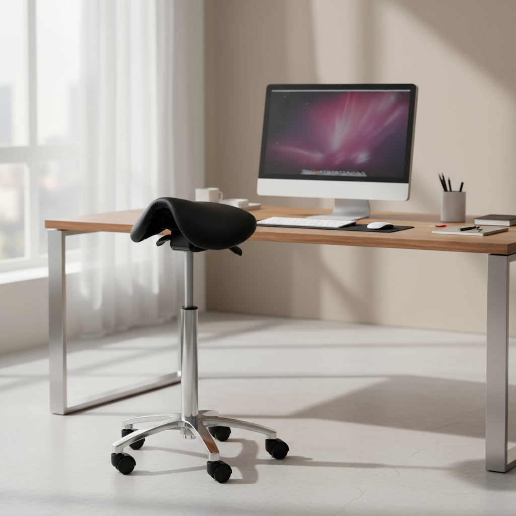 Black leather Matilda saddle chair with ergonomic design on a chrome base and caster wheels.