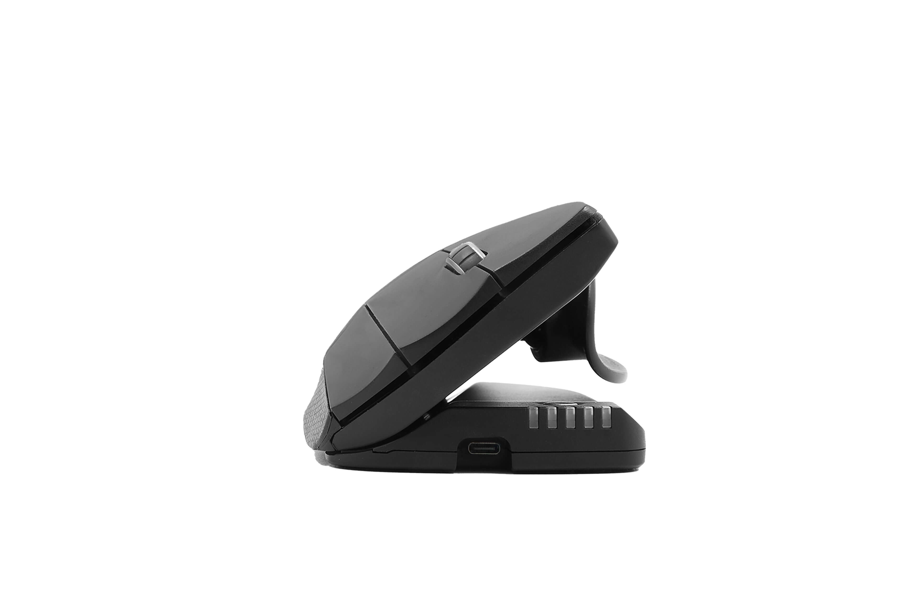 Ergonomic Unimouse wireless mouse with adjustable hinge for customizable angles and 6 programmable buttons, side view.