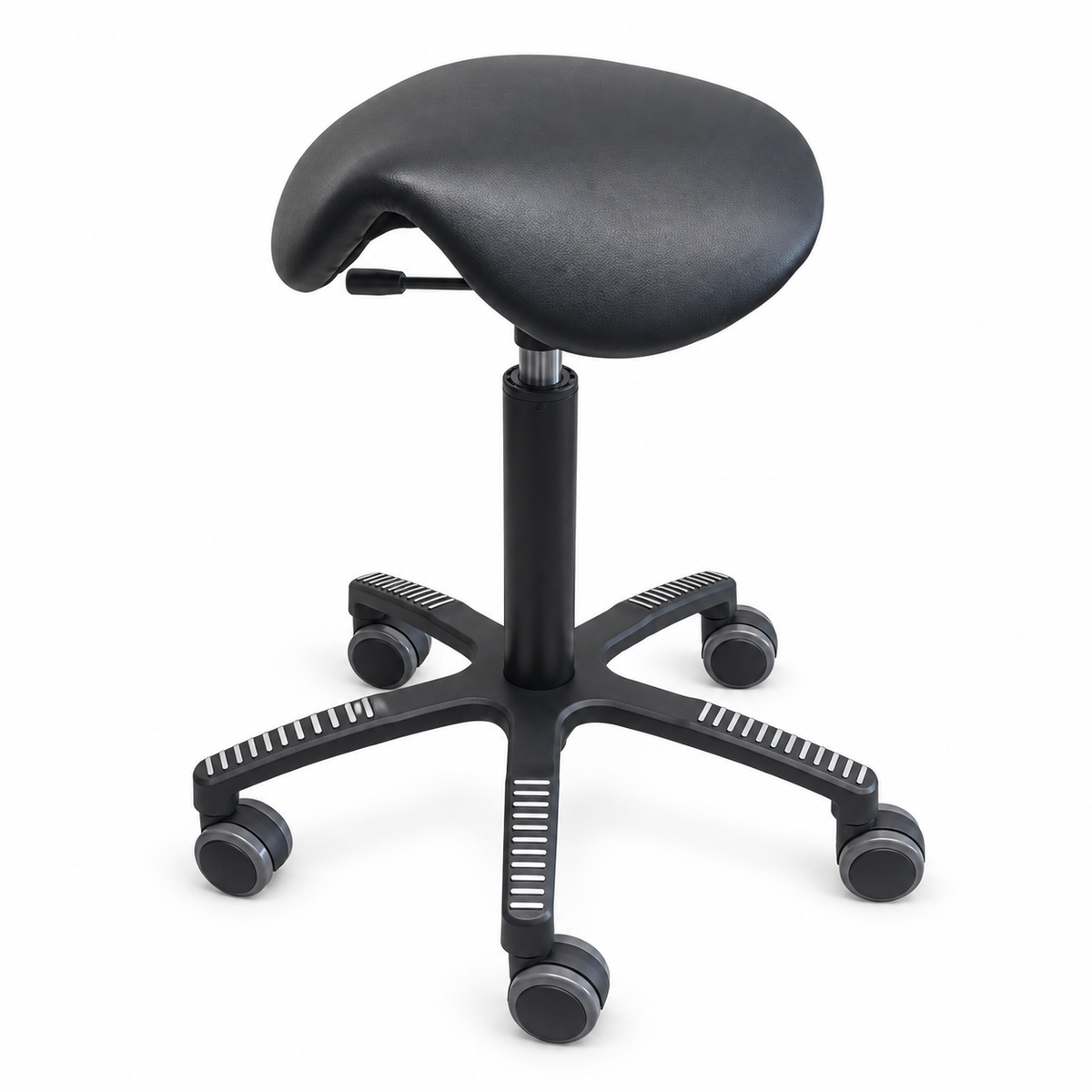 Mini Swing saddle chair, black faux leather upholstery