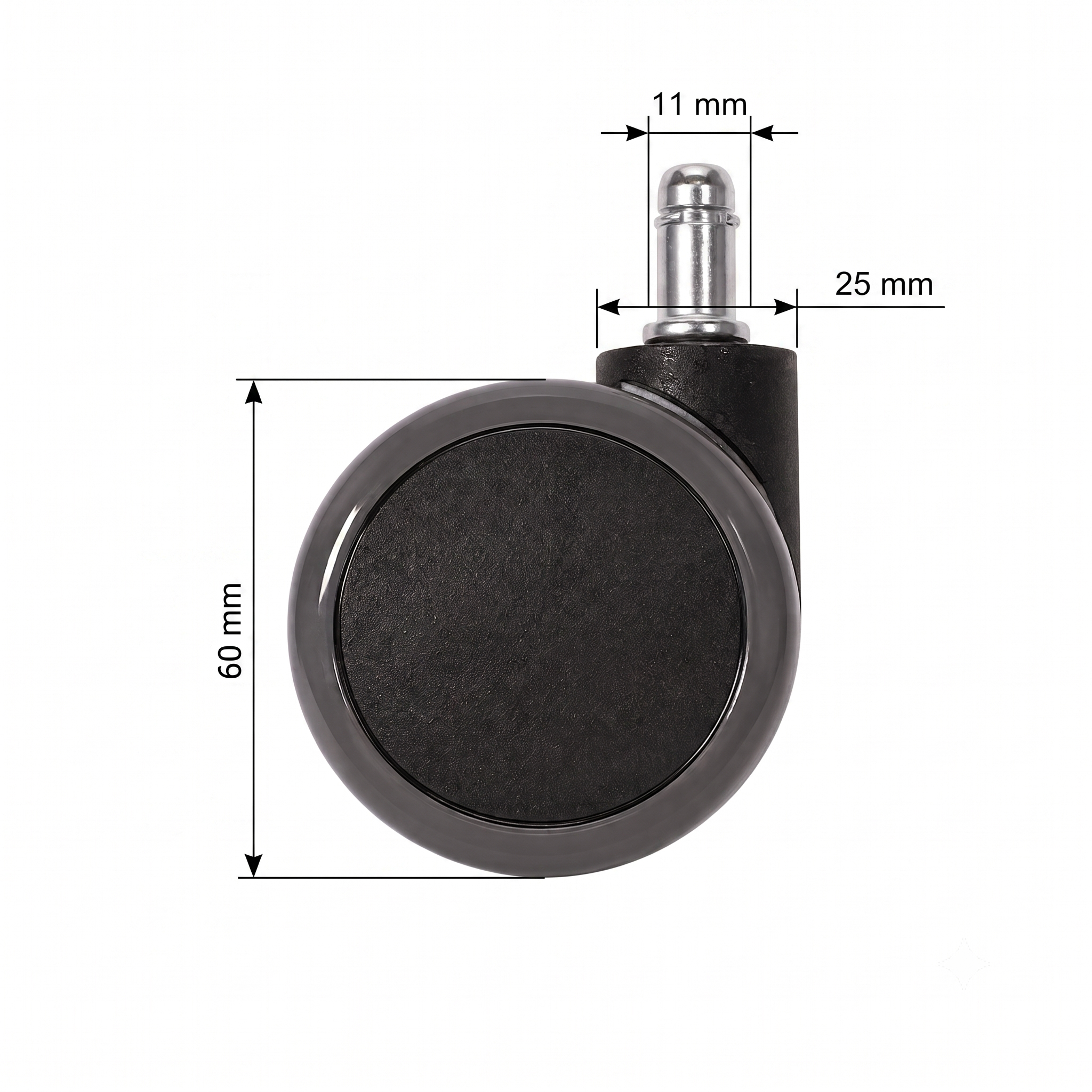 Office Chair Caster Set 60 mm, Soft Tread, 11 mm Stem (Set of 5)