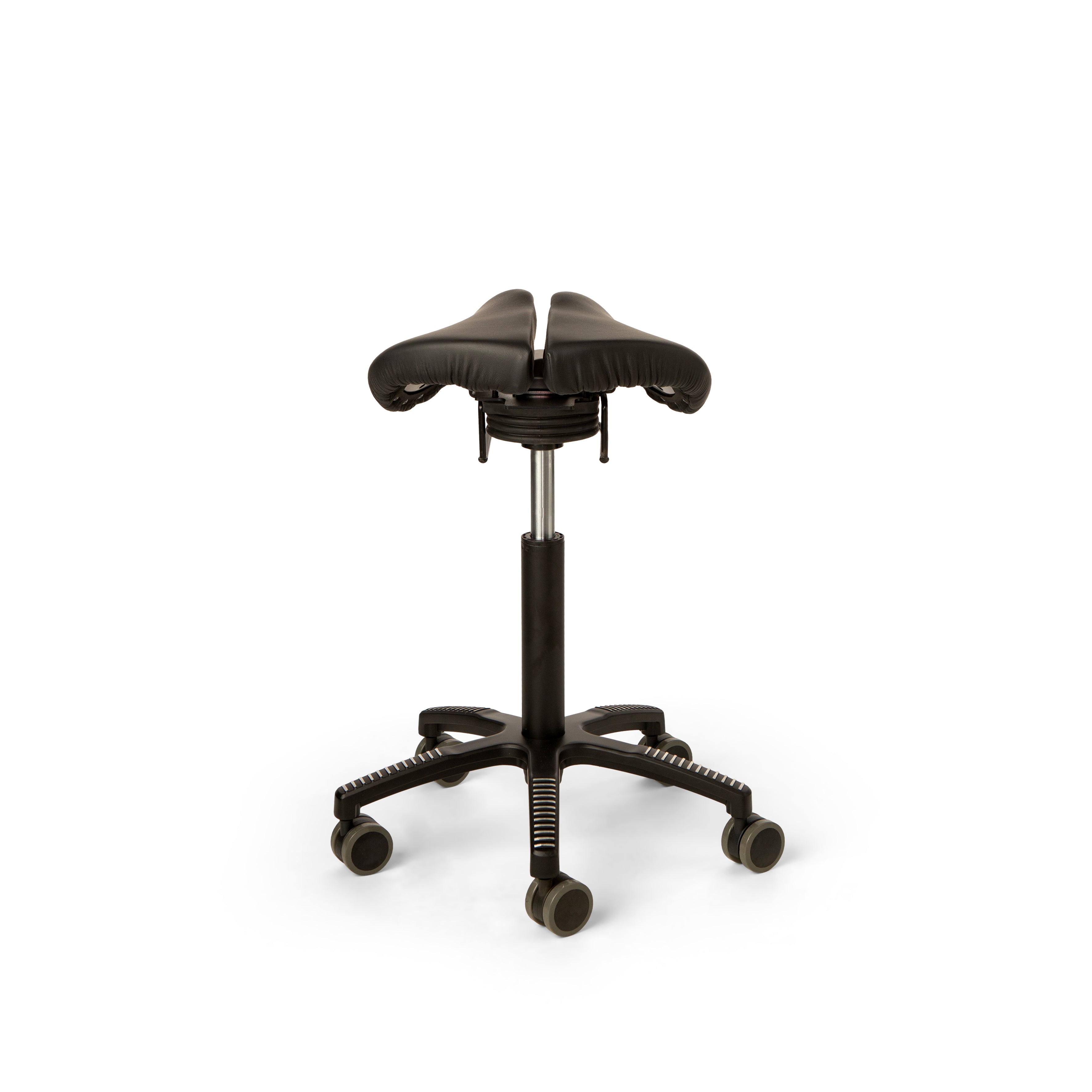 Core Split Swing saddle chair, black leather upholstery