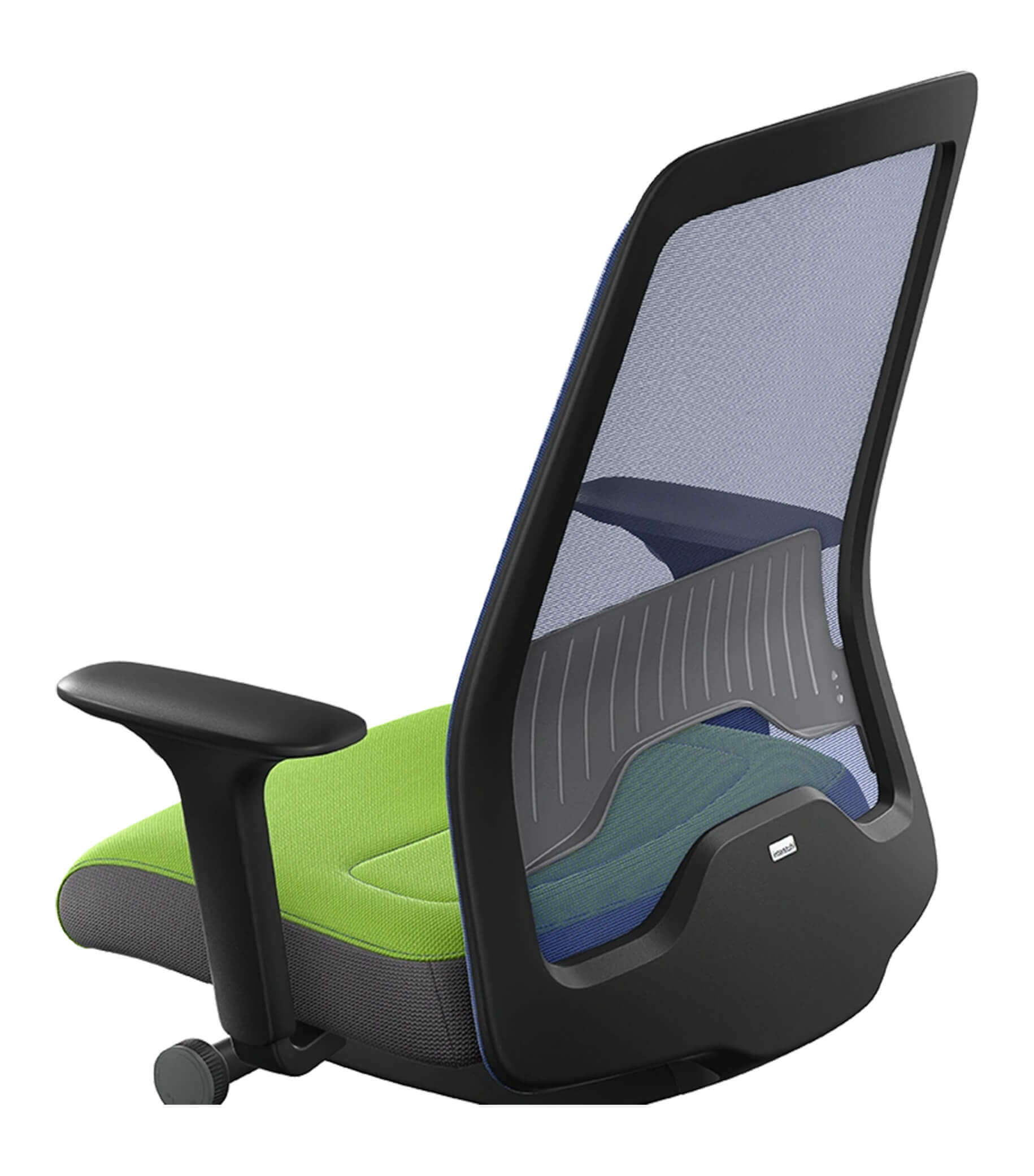 Ergonomic chair with blue mesh back, green seat, and adjustable T-armrests featuring Flextech synchro mechanism for active sitting.