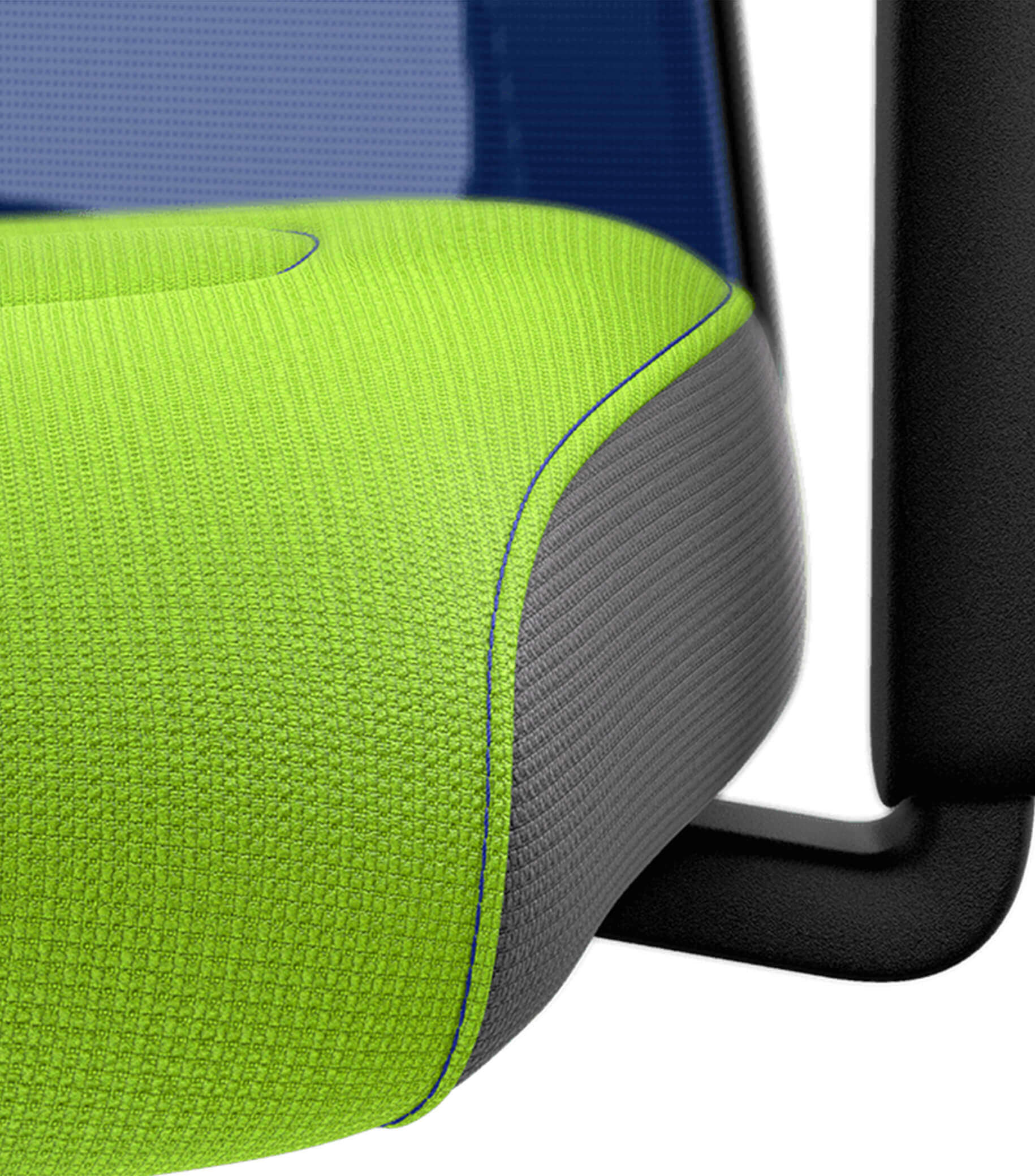 Ergonomic chair with green cushion and blue mesh back promoting active sitting and improved posture with Flextech synchro mechanism.