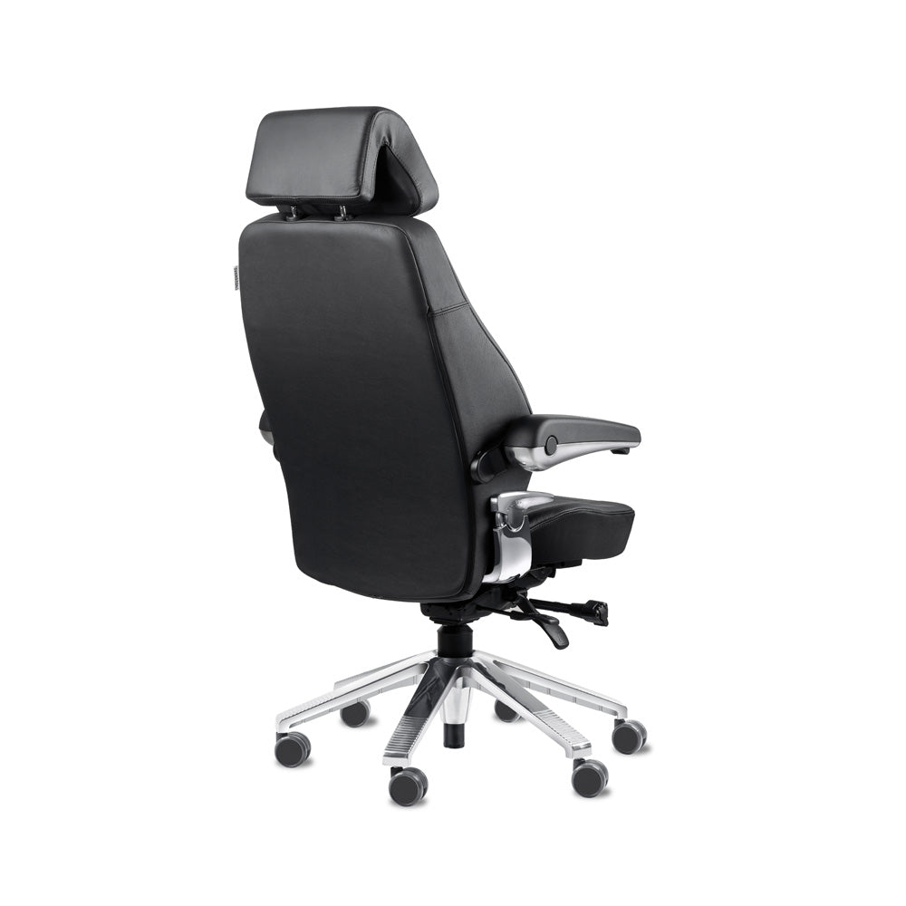Svenstol S5 24/7 tuoli, musta, näkymä takaa, ergonominen ja mukava työtuoli ohjauskeskukseen.