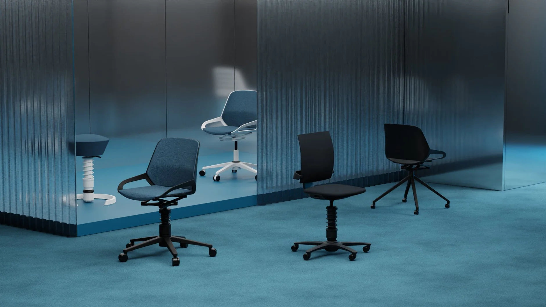 Set of office chairs in a modern office setting with reflective walls.