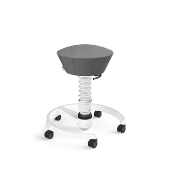 Swopper active chair in platinum grey wool blend with ergonomic design and 3D movement technology on a white base with casters.