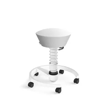 Swopper active chair in white antibacterial leather with ergonomic design and 3D movement technology on rolling base.